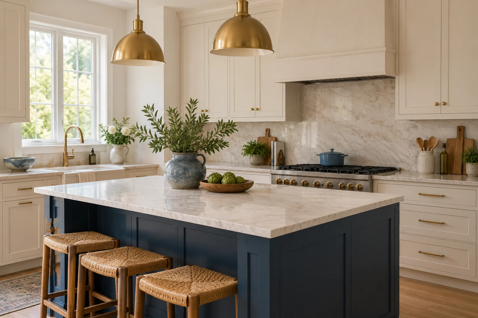 A serene cream kitchen with a navy island and warm brass details