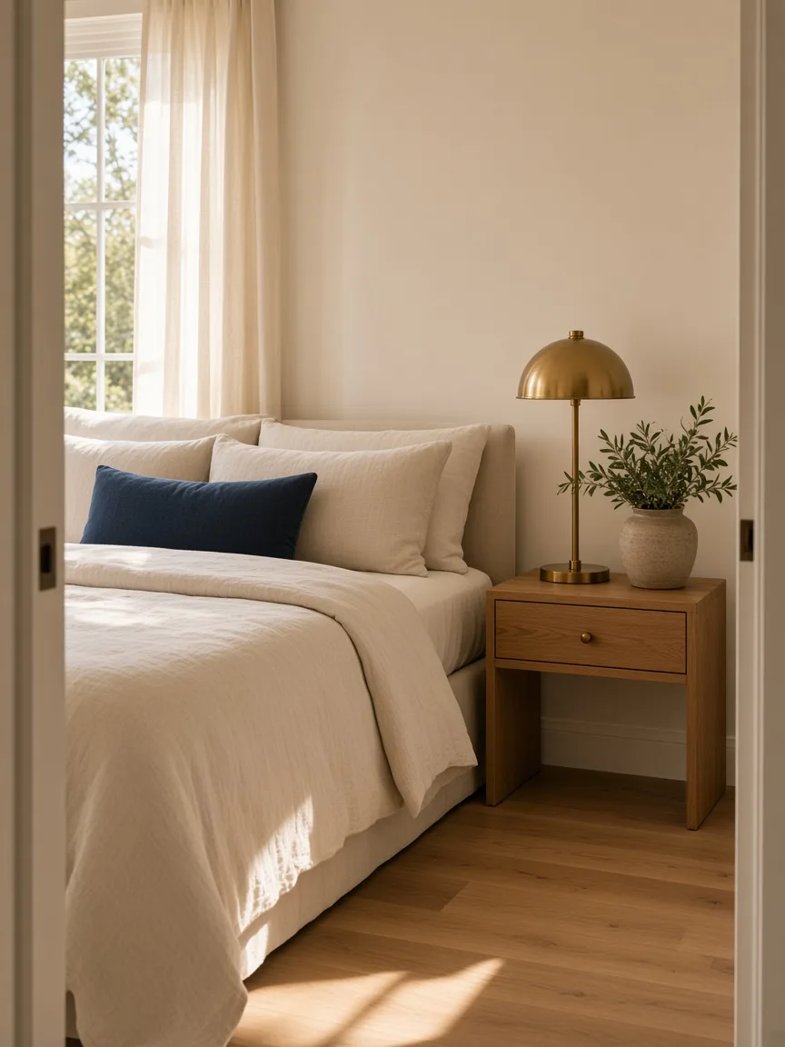 A sunlit bedroom with cream linen, a navy cushion, and a brass lamp
