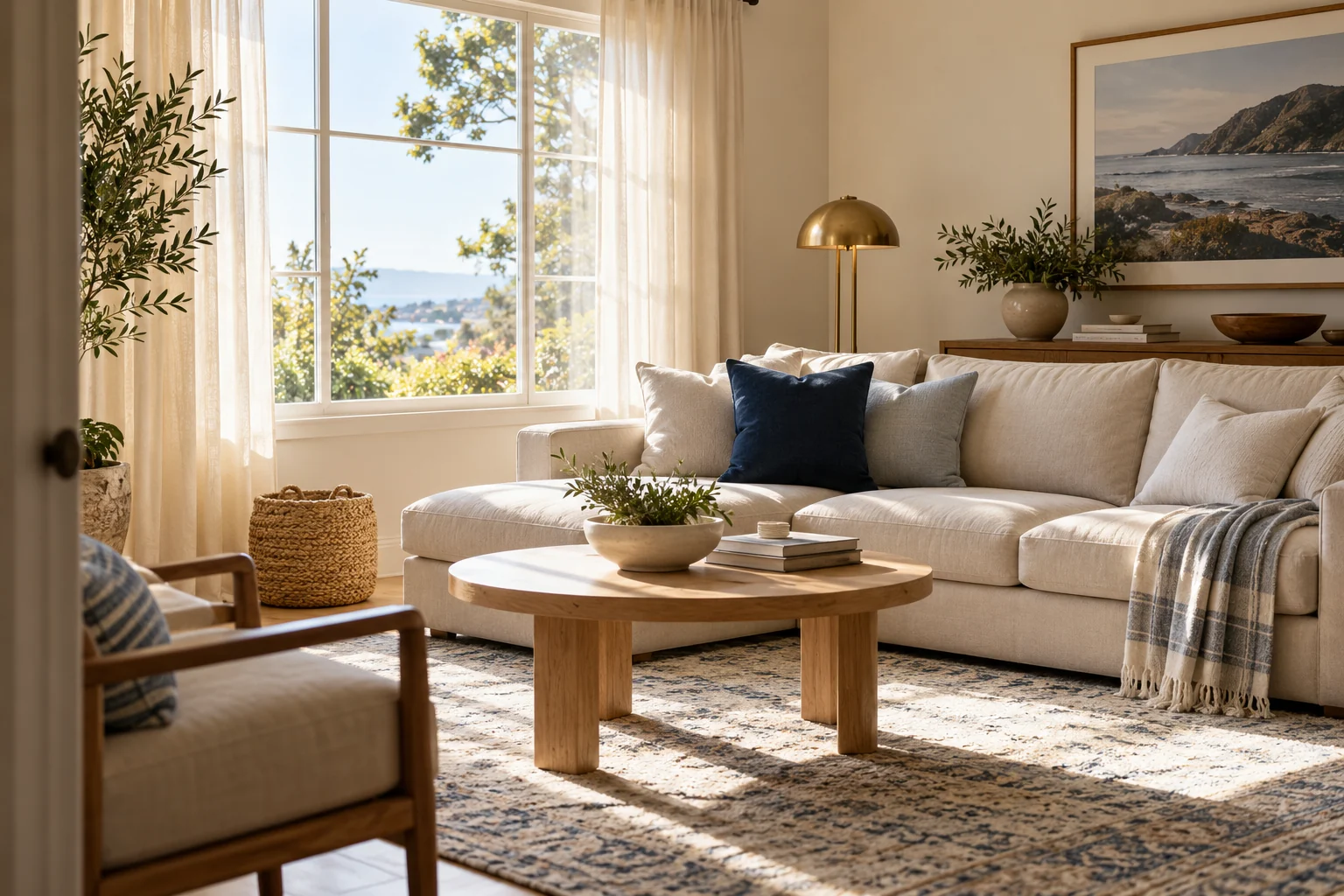 A bright living room with cream seating and navy accents